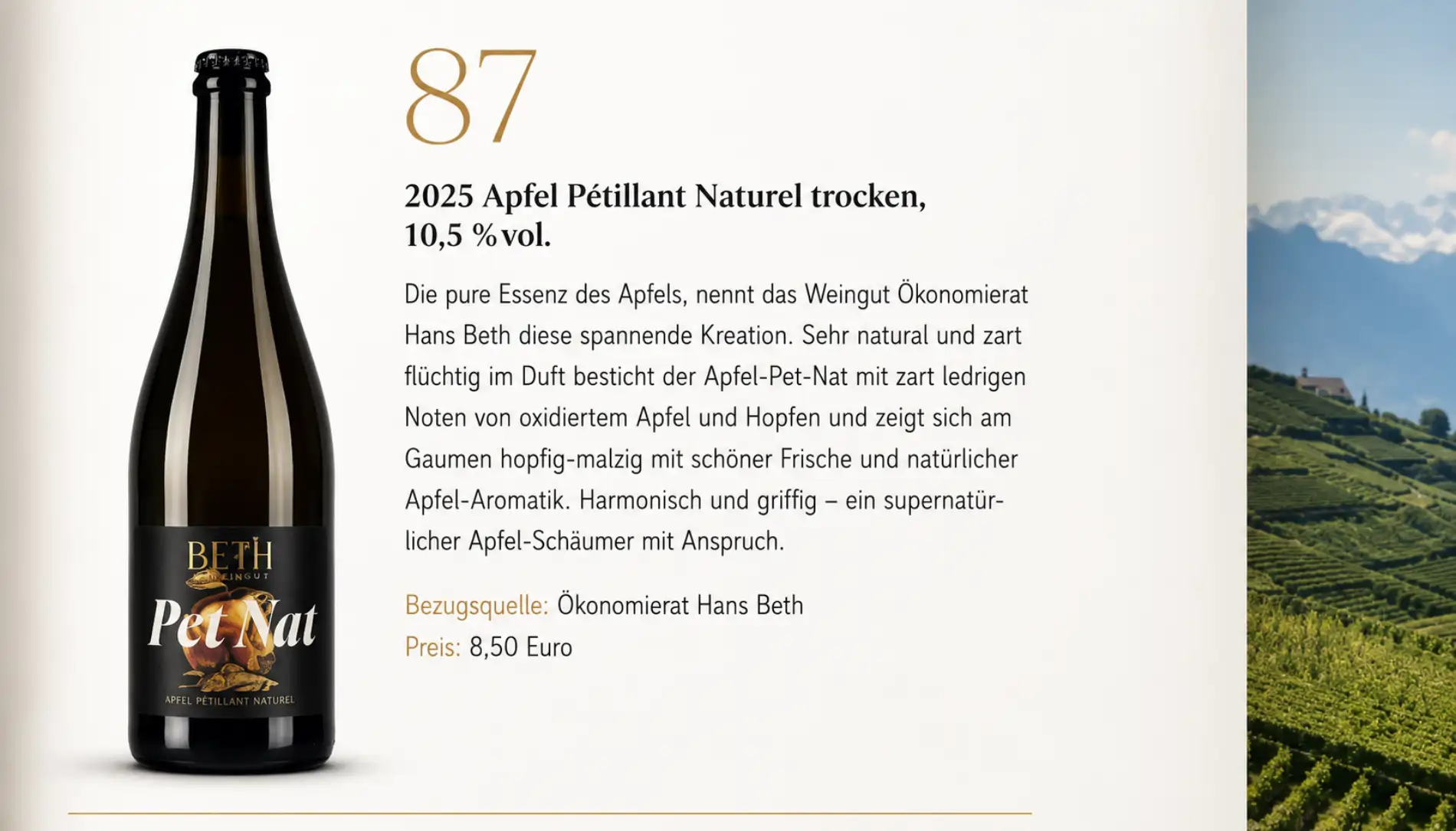 Flasche des Apfel Pet Nat trocken von Weinhaus Beth neben dem Meininger-Testergebnis mit 87 Punkten
