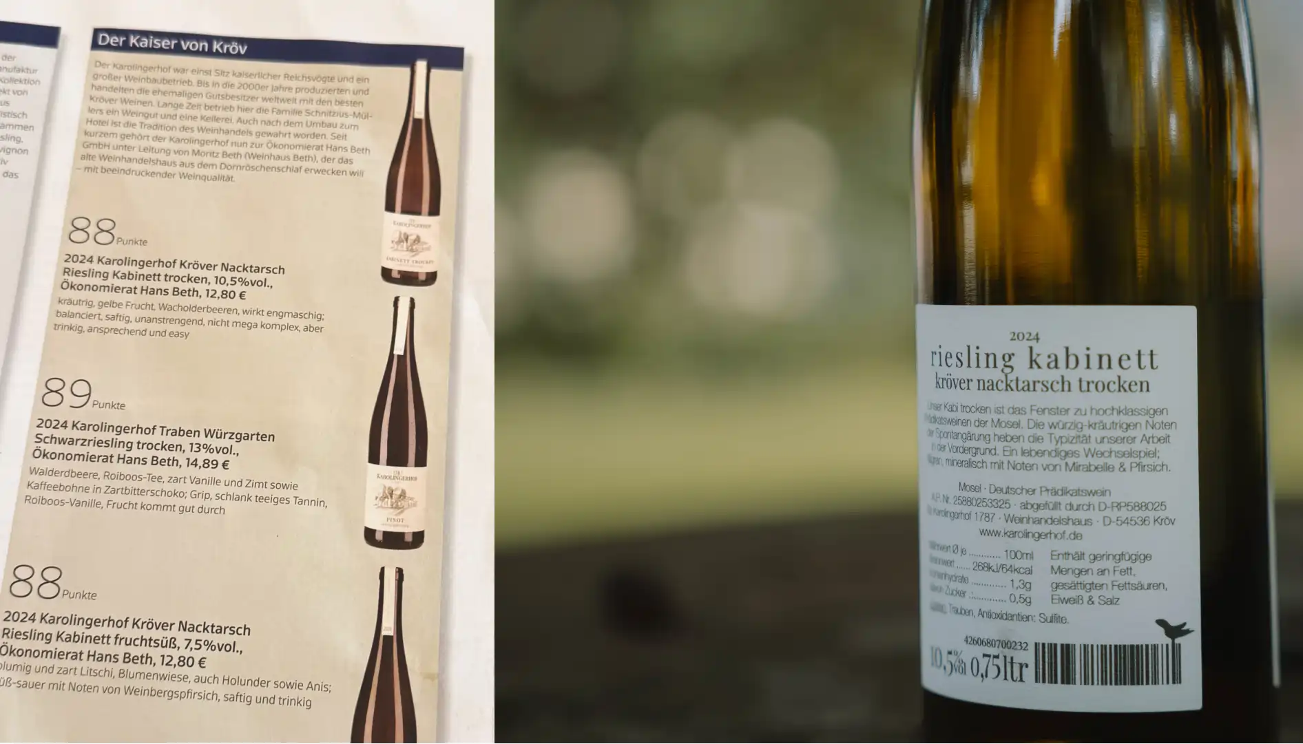 Zeitungsartikel Meininger mit Foto vom Rückenetikett des Riesling Kabinett trocken Mosel