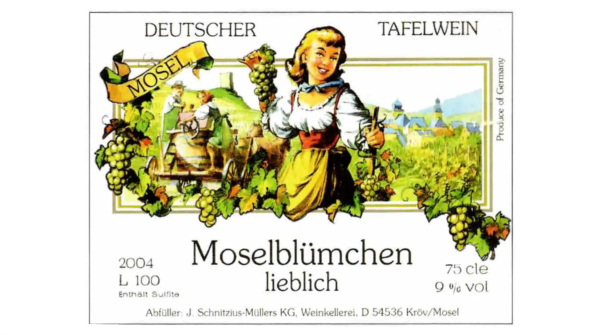 Das Original Etikett Moselblümchen mit Frau in der Tracht