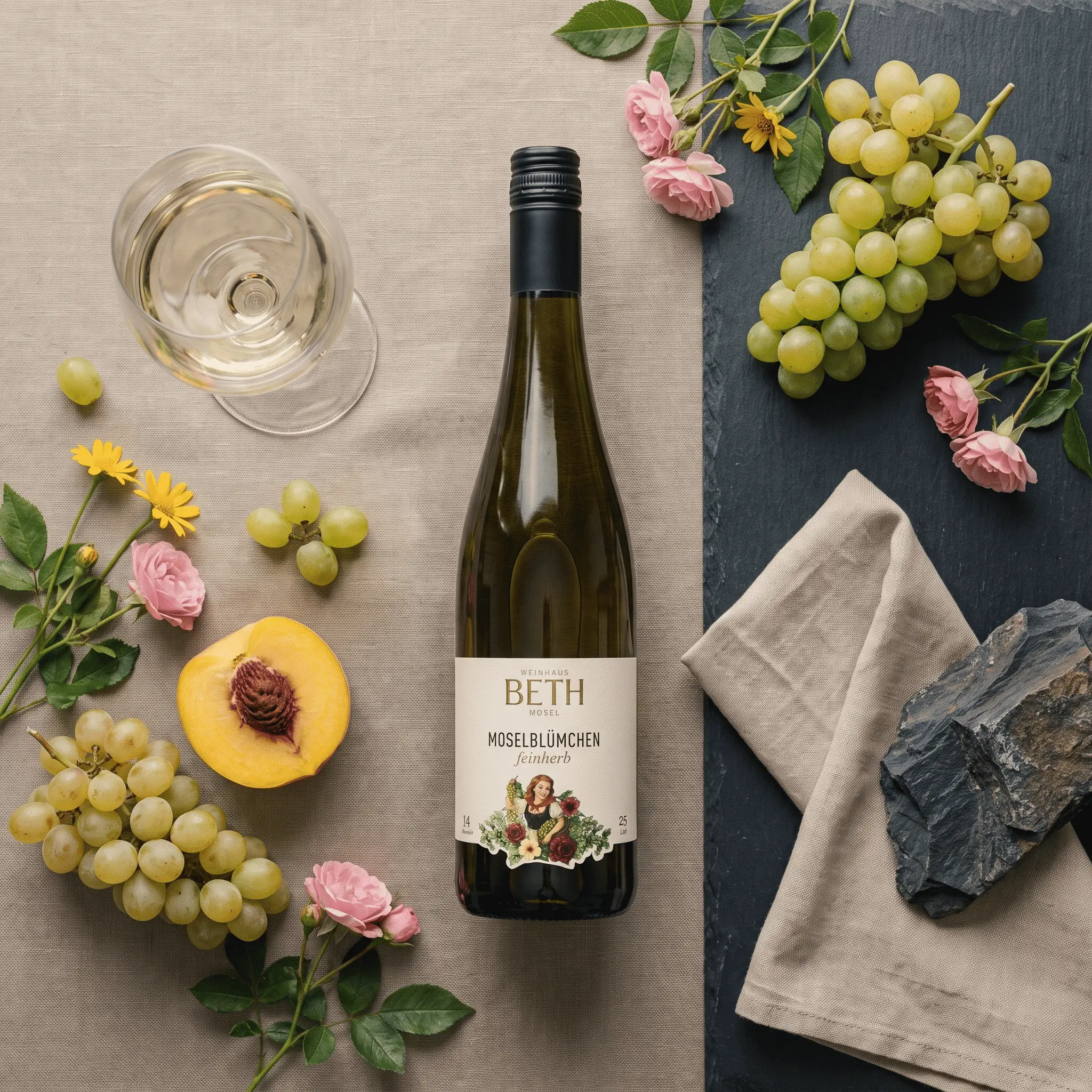 liegende Flasche Moselblümchen feinherb vom Moselweingut Beth mit Trauben und Pfirsich auf dem Tisch